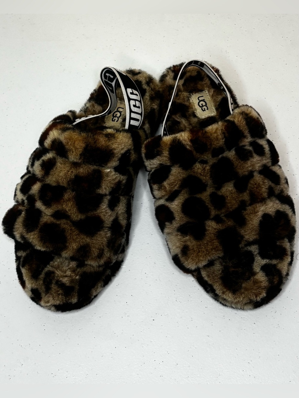 UGG Fluff Yeah Slide Leopard Print Sheepskin Slippers Slingback